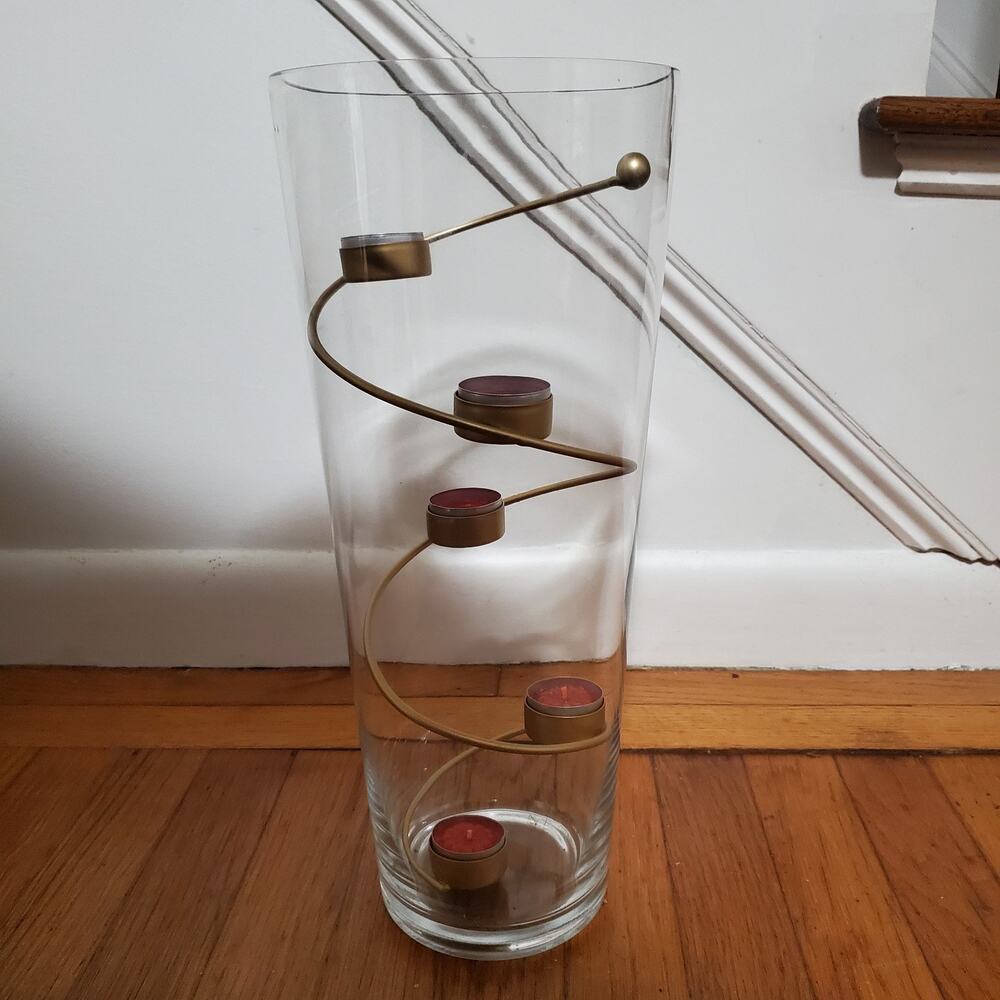 Clear Glass Vase with Metal Swirl Tea Lights Holder Centerpiece